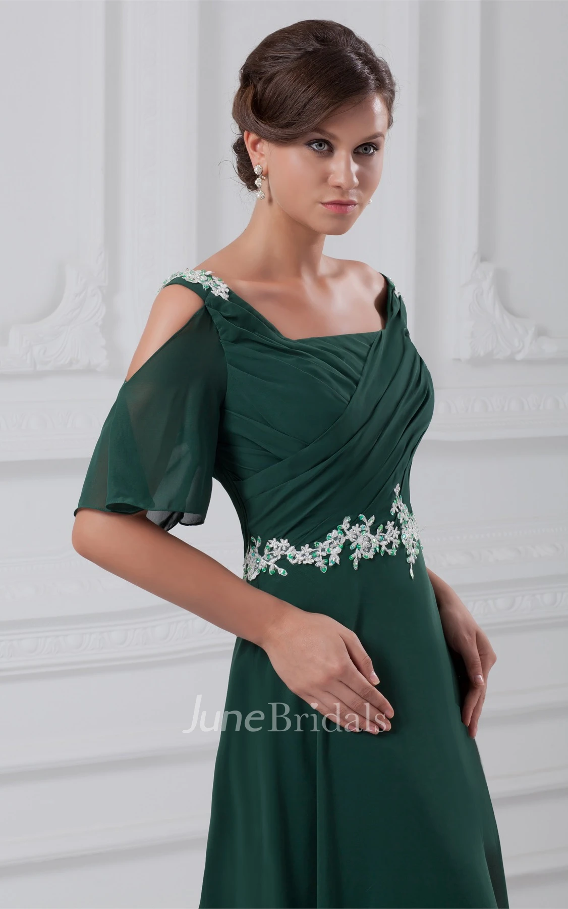 square-neck chiffon maxi ruched dress with appliqued waist