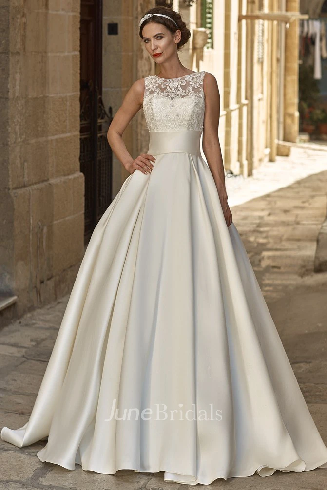 A-Line Sleeveless Floor-Length Appliqued Jewel-Neck Satin Wedding Dress -  June Bridals