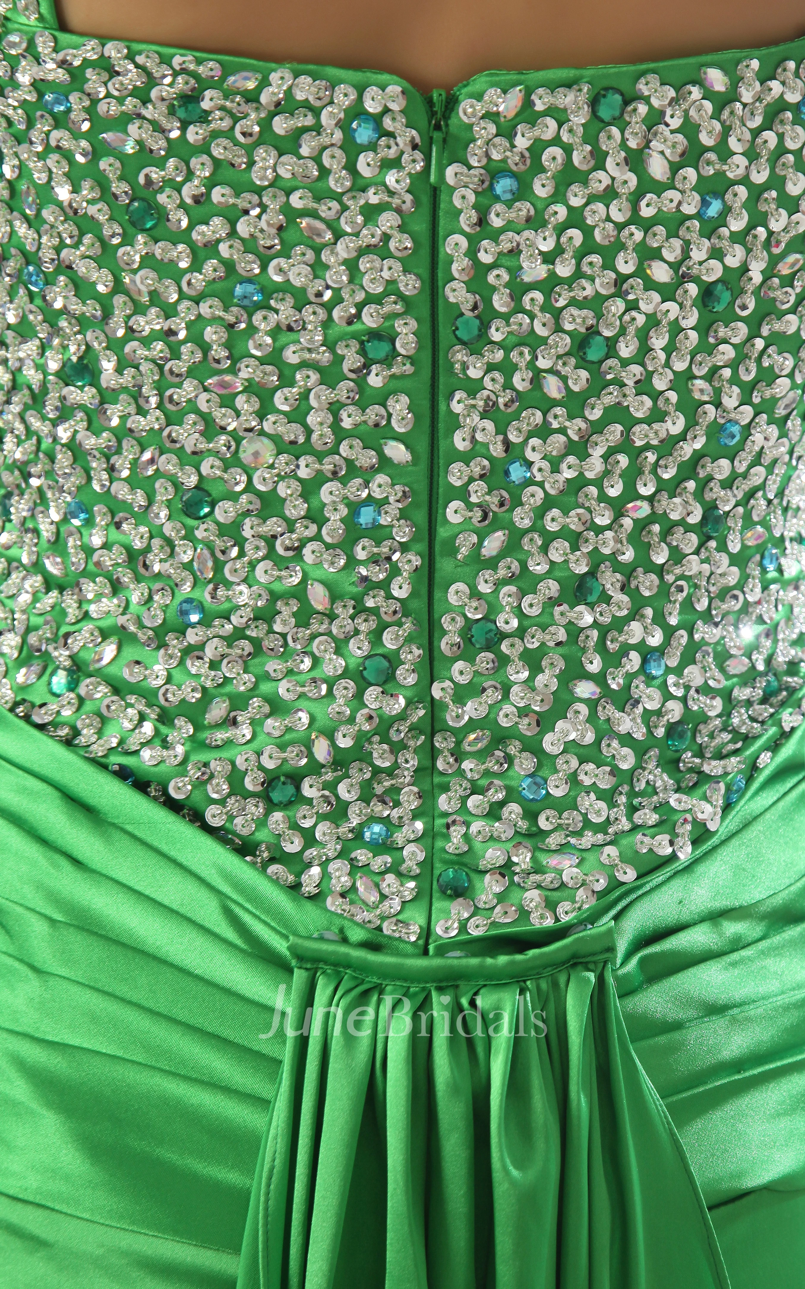 Sleeveless Satin Front-Split Dress With Beaded and Ruched Bodice