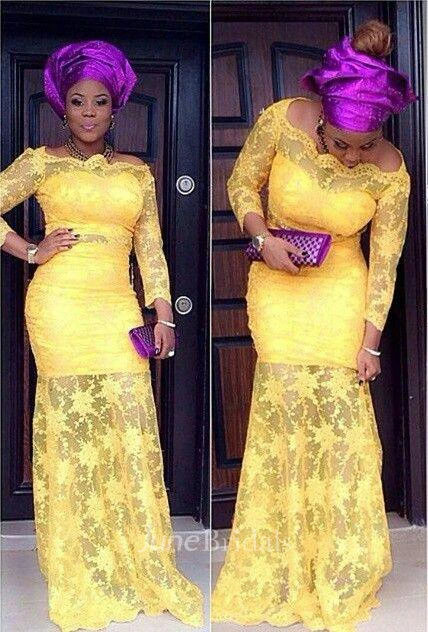 Modern Off-the-shoulder Mermaid Yellow Prom Dress Lace Long Sleeve