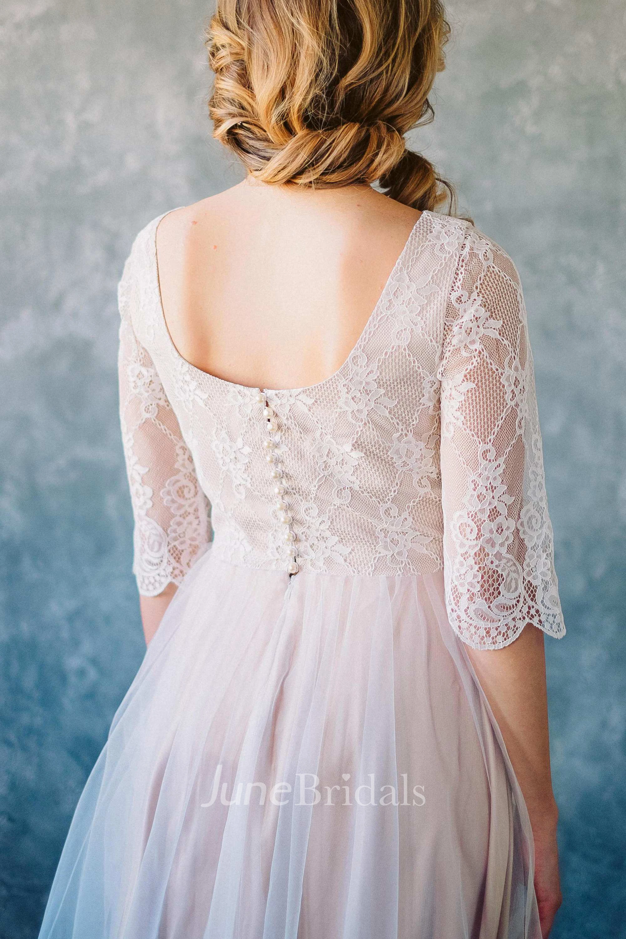 Bateau Half Sleeve Tulle Long Dress With Lace Top