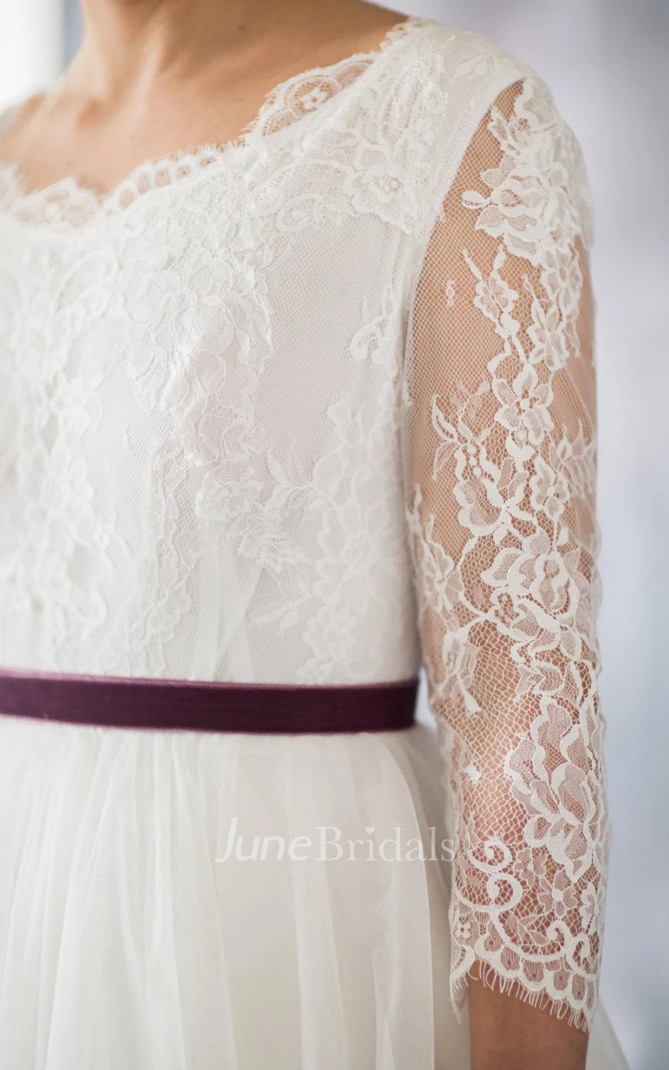 Scoop Neck Long Sleeve A-Line Organza Wedding Dress With Lace Bodice