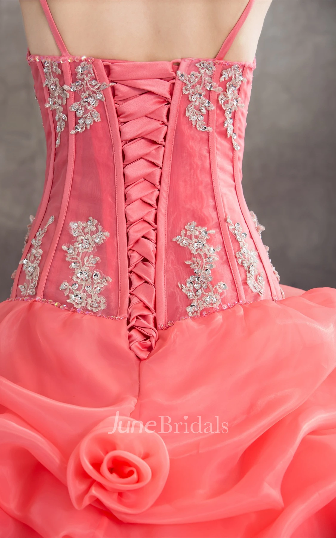 Spaghetti-Strap Ruffled Ball Gown with Appliques and Spaghetti-Straps