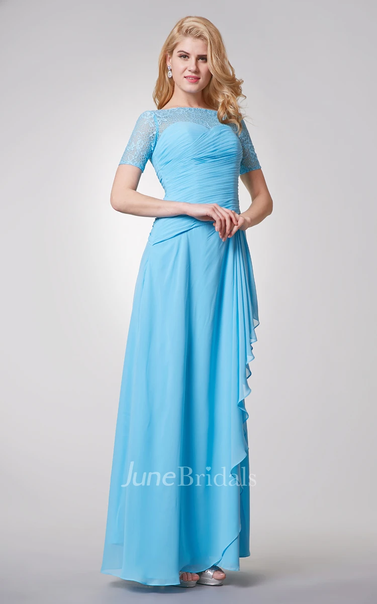 Bateau Neckline Long Chiffon Dress With Lace Top