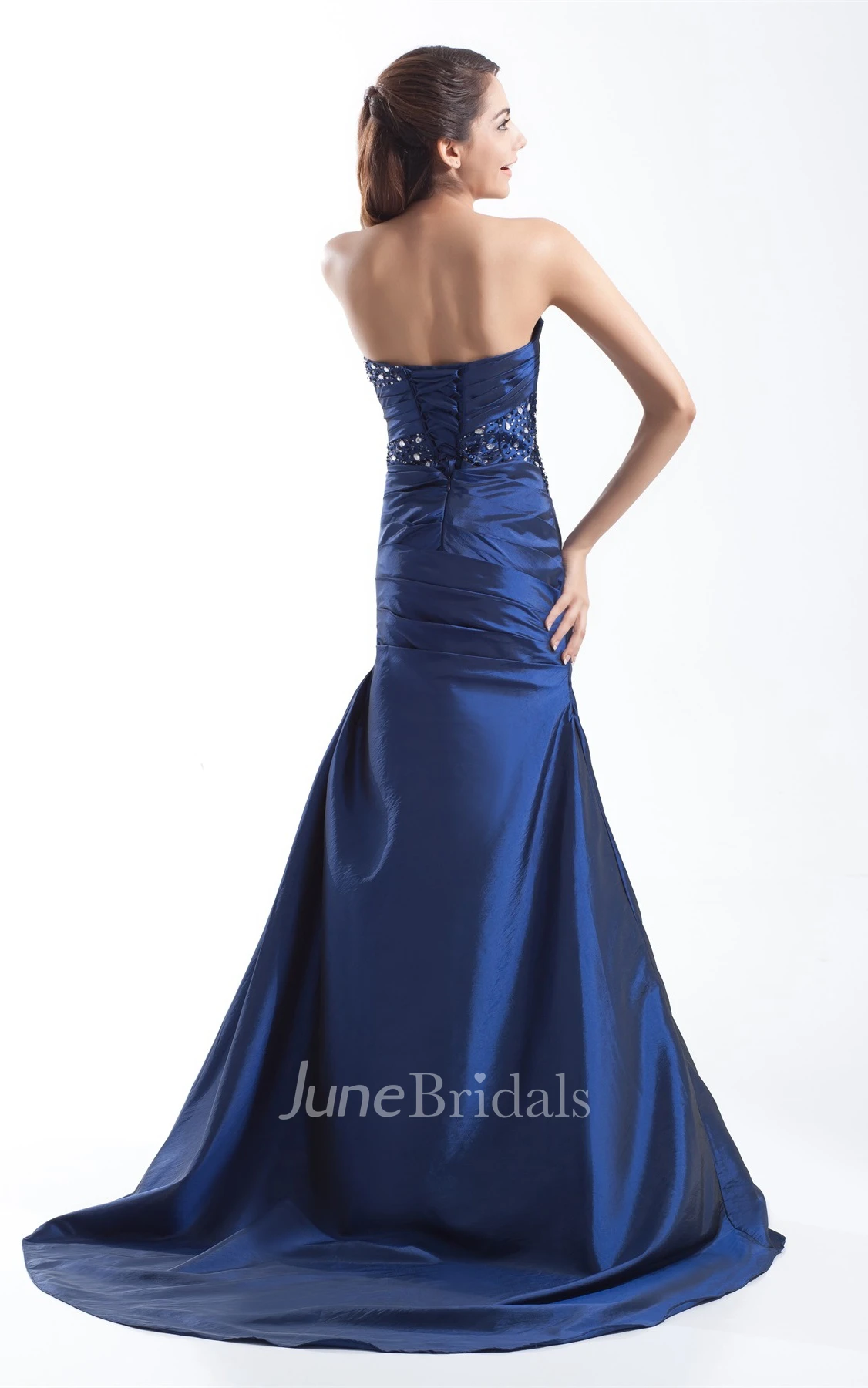 strapless satin a-line ruched gown with corset back and beading