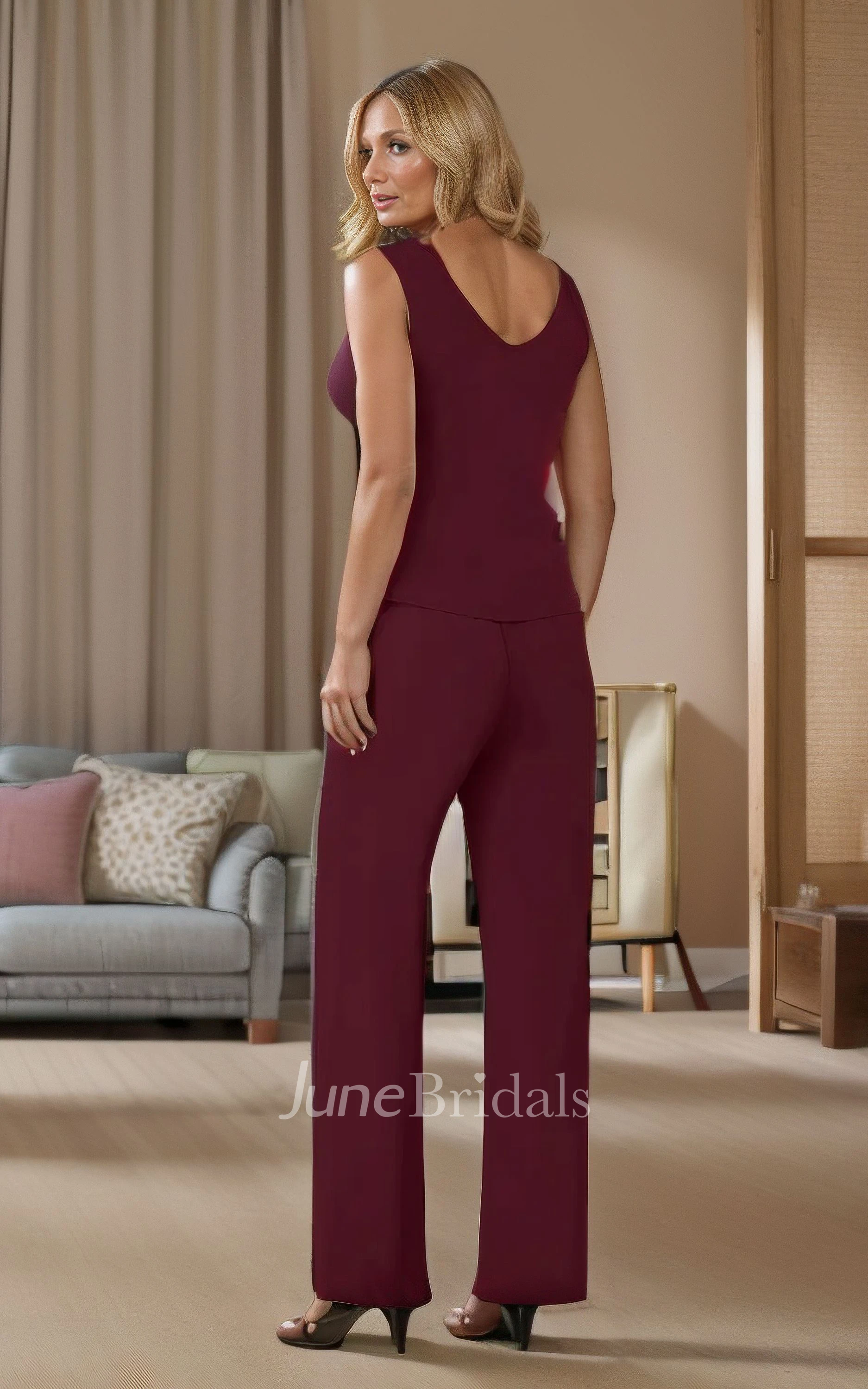 Simple Casual Chiffon MOB Dress Floor-Length Tripartite Pantsuit Lace Appliques