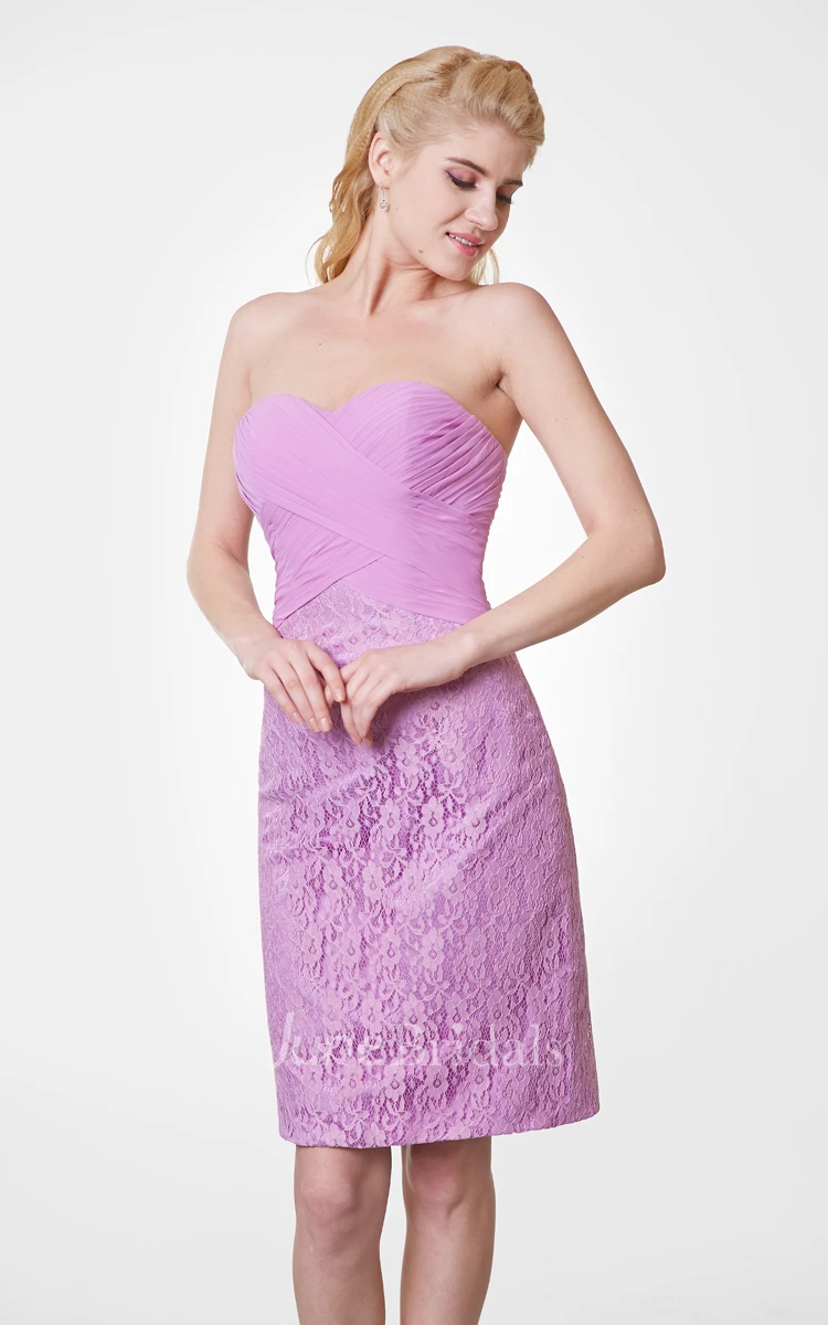 Sweetheart Sheath Knee Length Allover Lace Dress With Chiffon Bodice