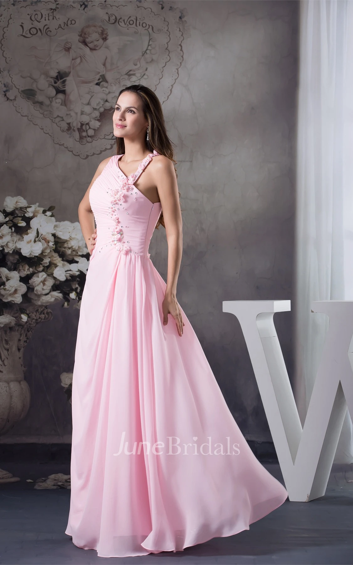 Pastel Sleeveless Ruched Chiffon Maxi Dress with Flower and Stress