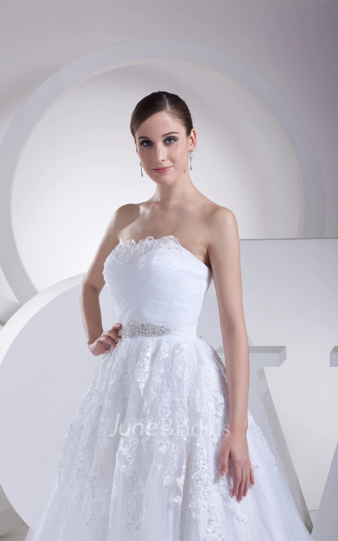 Strapless Ruched A-Line Gown with Appliques and Gemmed Waist