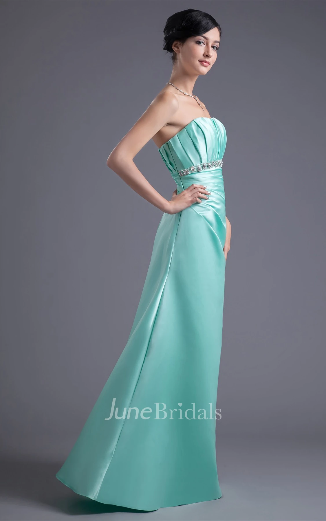 Strapless Satin A-Line Dress with Ruching and Gemmed Waist