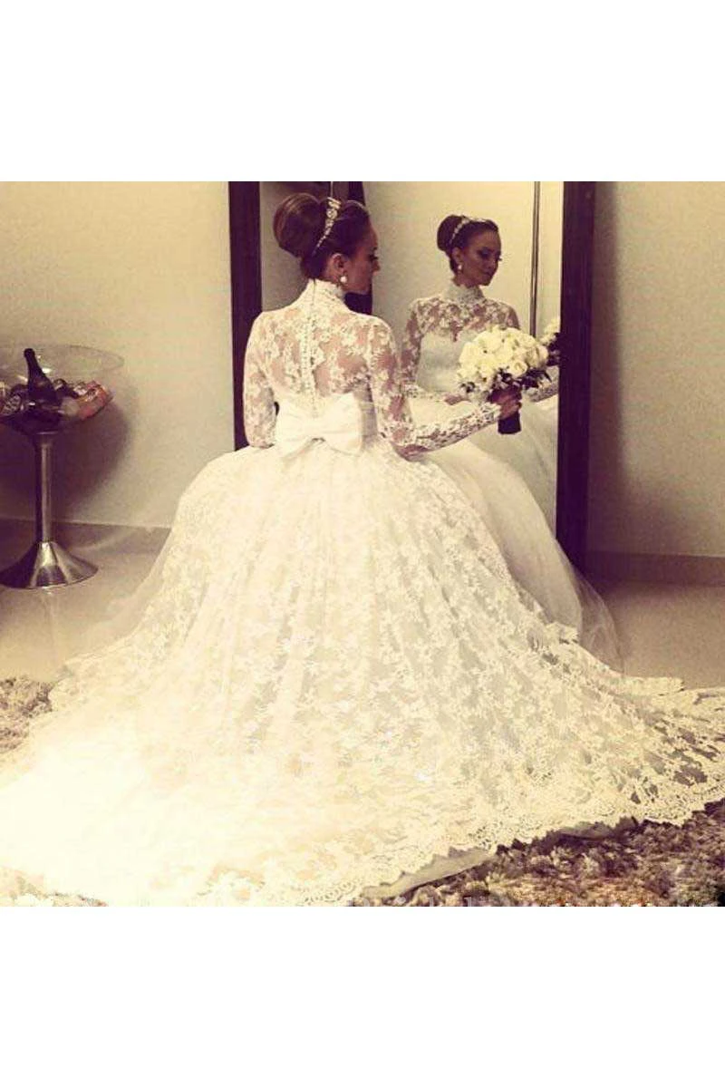 High Collar A Line Modest Princess Appliques Long Sleeve Lace Bridal Gown