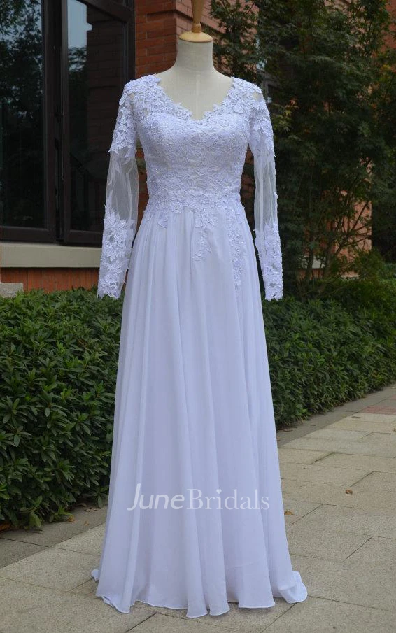 Long Sleeve Backless Chiffon Lace Weddig Dress With Beading