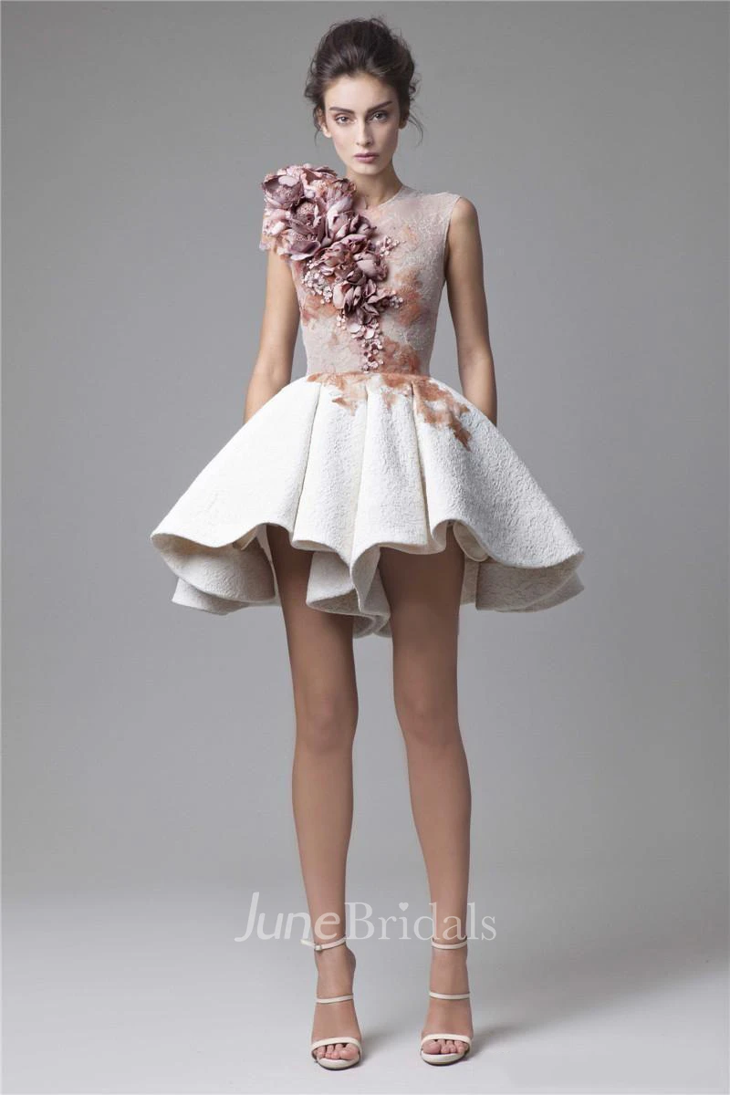 Jewel-Neck Lace Mini Skirt A-Line Sleeveless Prom Dress With Zipper Back