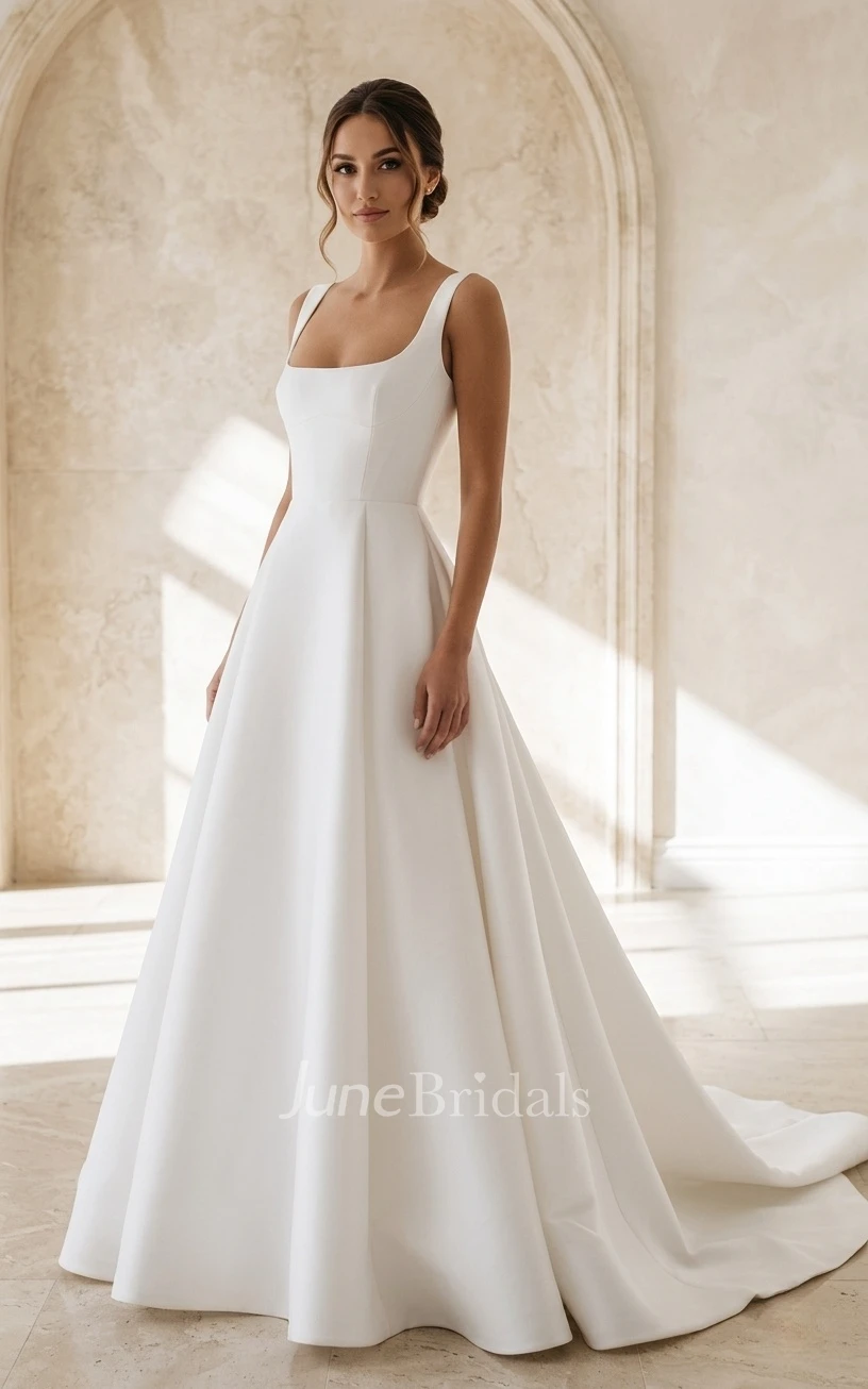 Minimalist Square Neck Wedding Dress Sleeveless A-Line Satin Bridal Gown