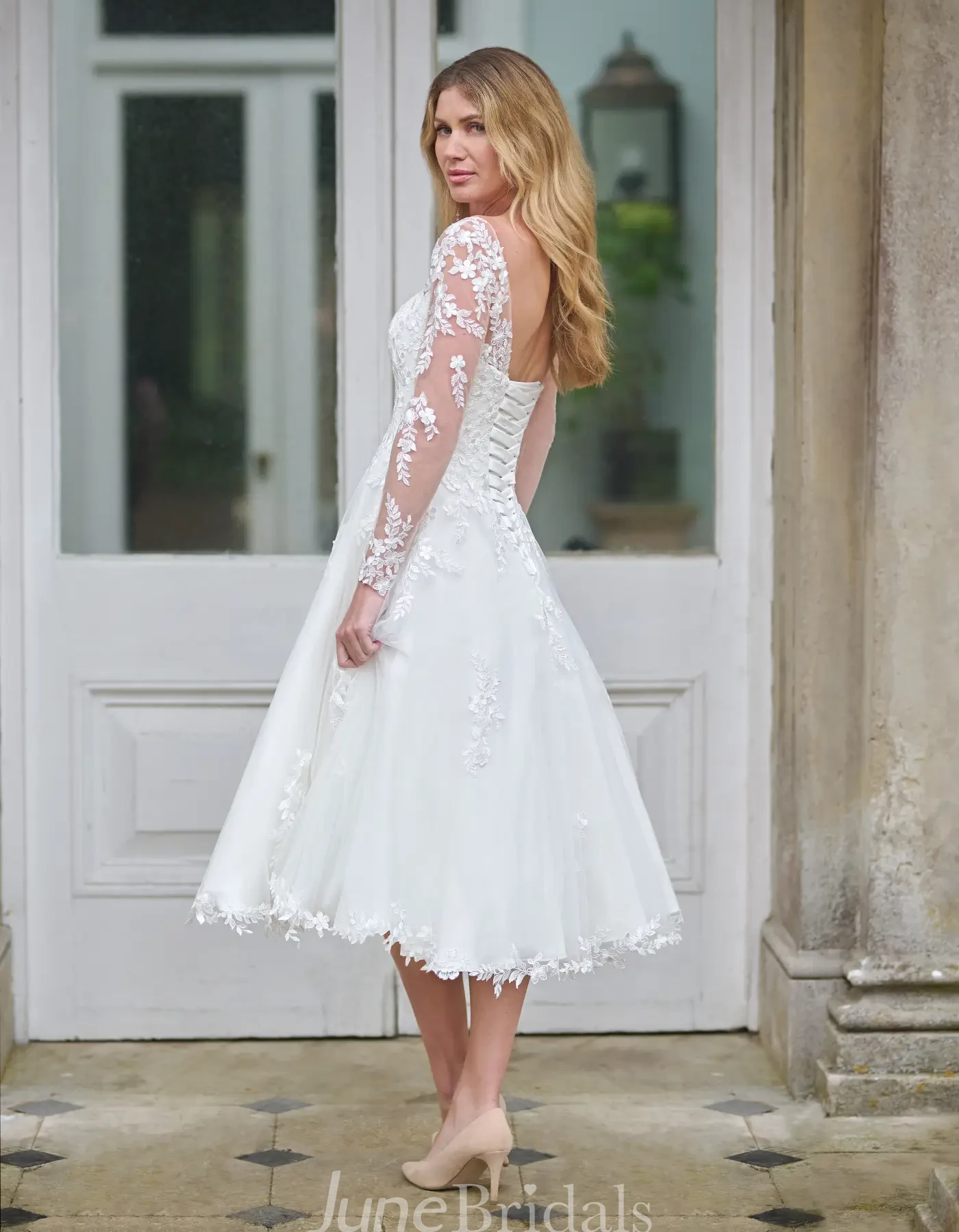 Tea Length Lace Boho Wedding Dress Long Sleeves Civil Casual Bridal Gown