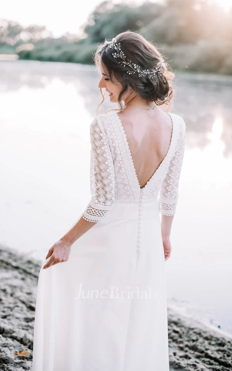 Country A Line Lace Boho 3/4 Sleeve Spring Wedding Dress Vintage Deep V Back Floor Length Bridal Gown