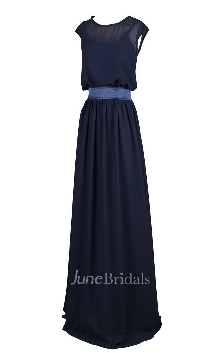 Cap-sleeved Long Chiffon Dress With Dropping