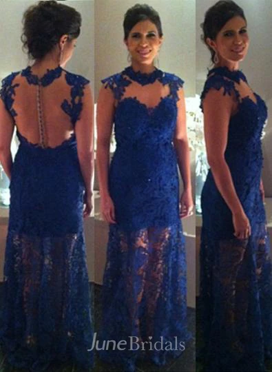 Proms Party Elegant Long Dresses for Evening Blue Lace Sleeveless High-neck Womans Gowns