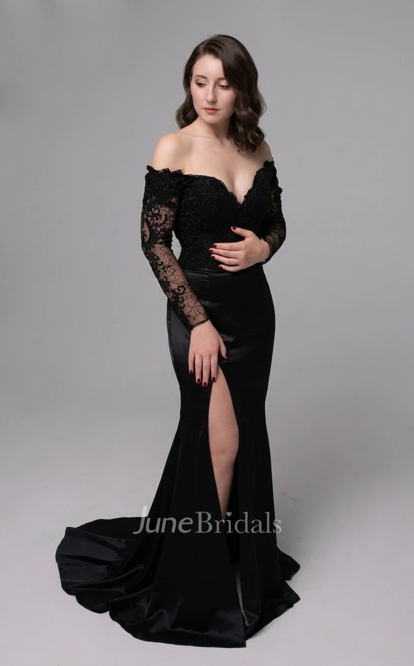 Black Long Sleeves Spring Gothic Wedding Dress Boho Lace Off-Shoulder Bridal Gown with Detachable A-Line