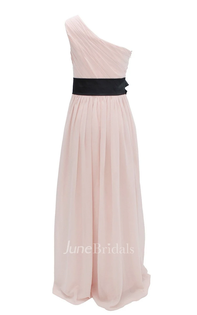 One-shoulder Pleated Chiffon A-line Gown With Floral Band
