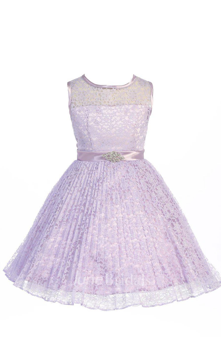 A-line Sleeveless Jewel Neck Lace Dress With Satin Belt