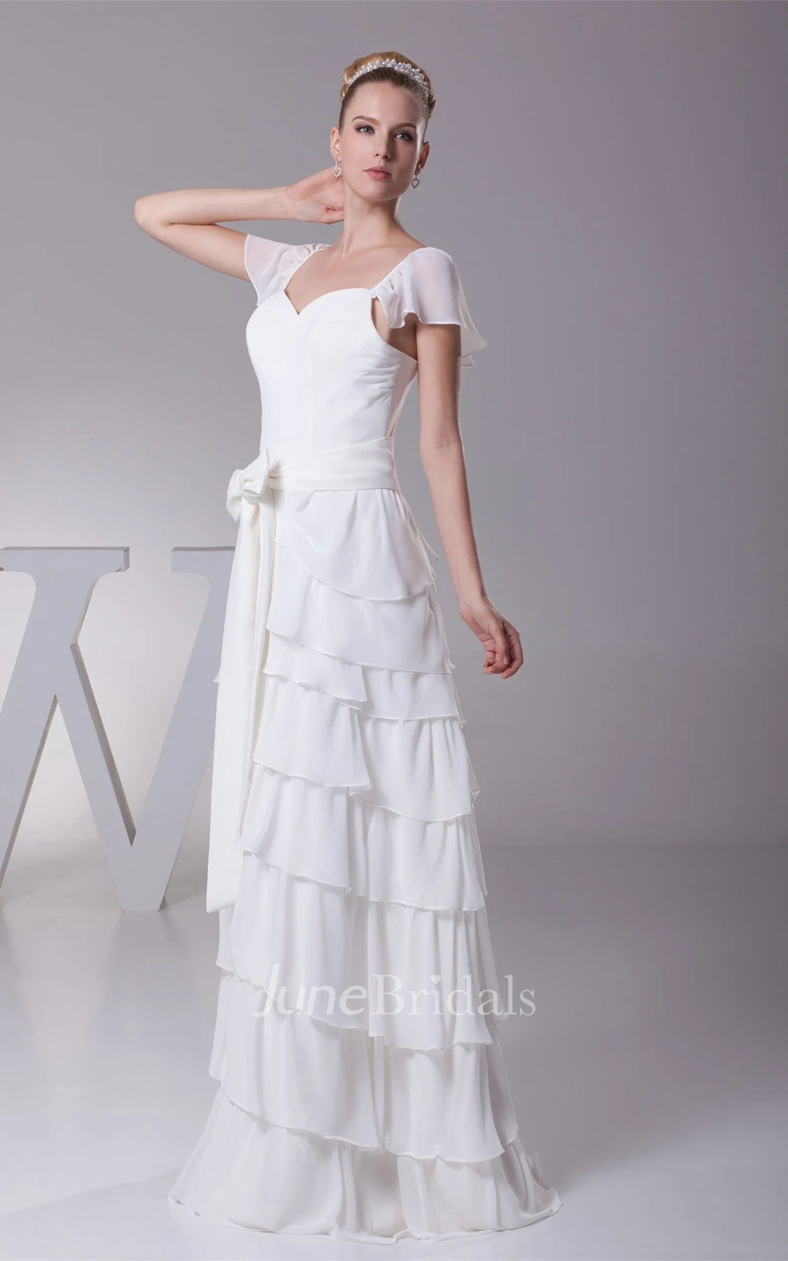 Caped-Sleeve Tiered Sheath Dress with Ribbon