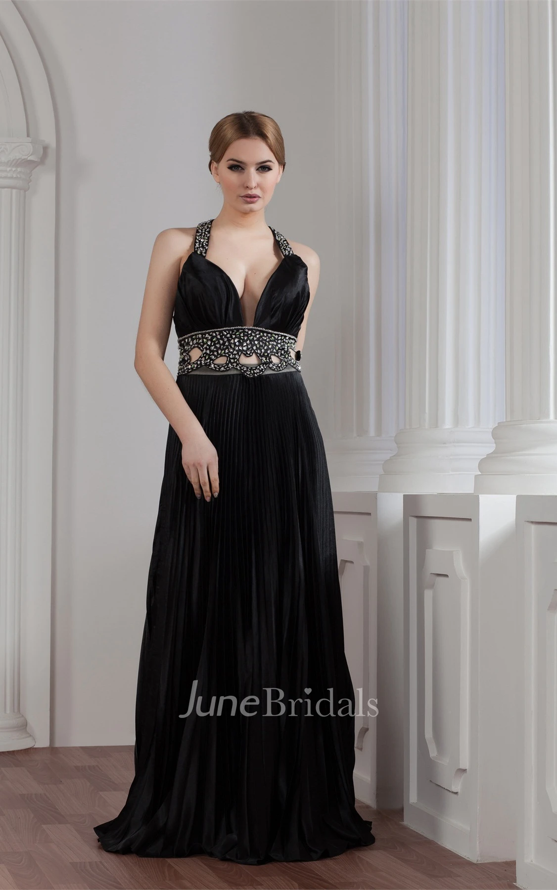 Plunged A-Line Floor-Length Gown with Beading and Keyhole