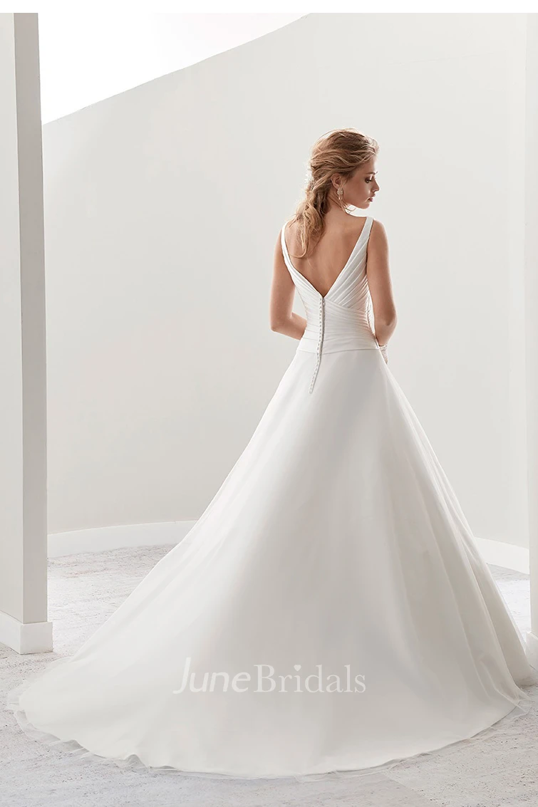 V-Neck A-Line Pleated Bridal Gown With Low-V Back And Brush Train