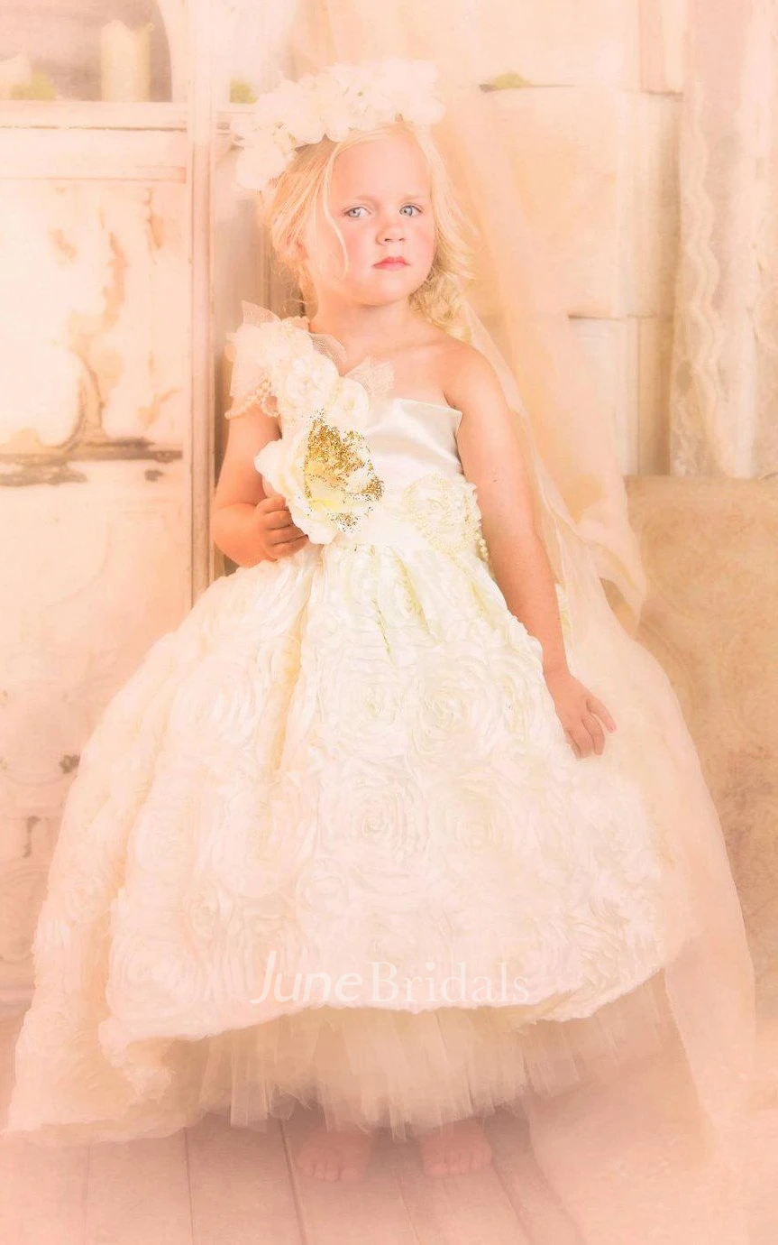 One-shoulder Pleated Satin bodice Dress With Flower