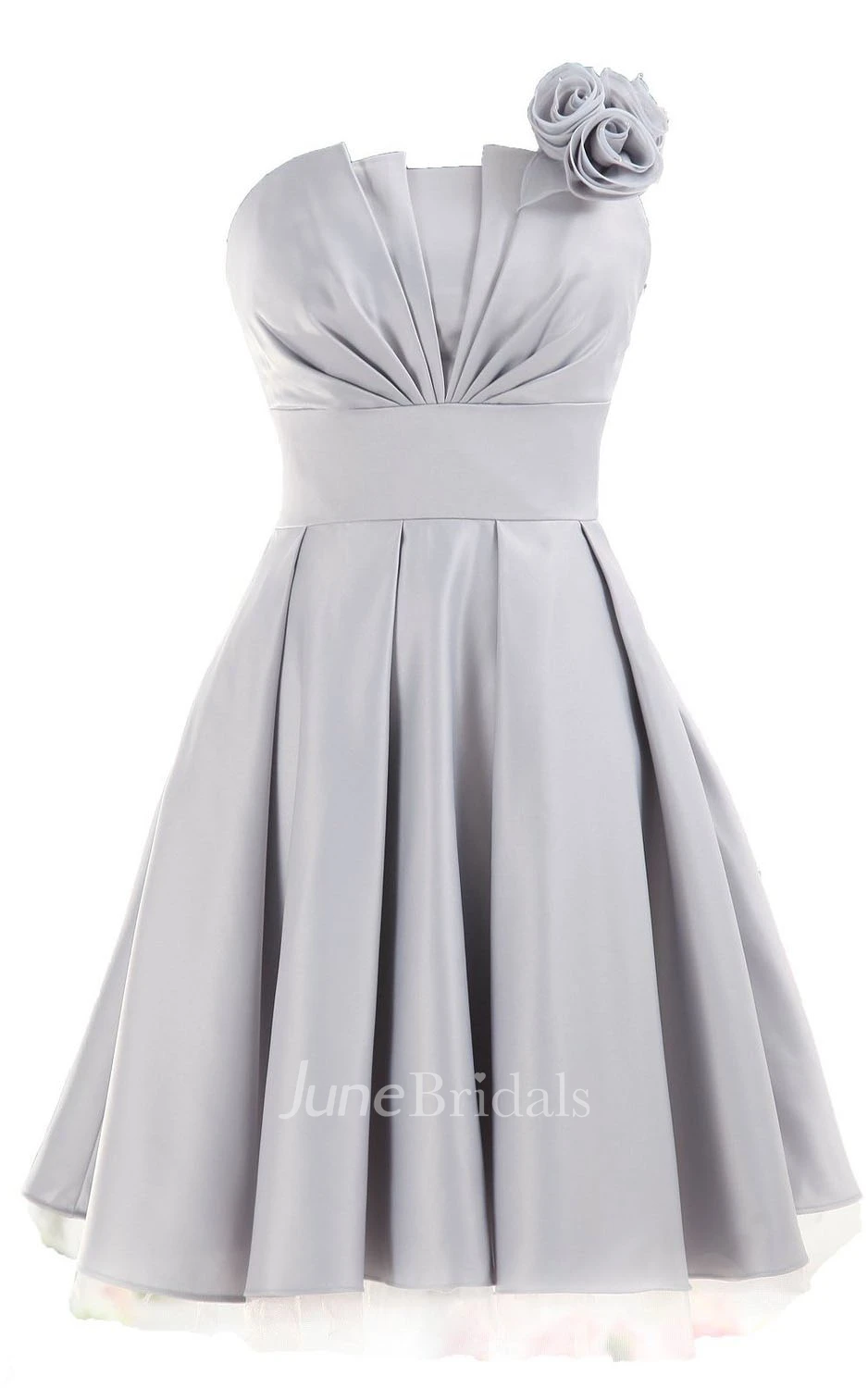 Strapless Appliqued Ruched Bodice Short Pleated Satin Dress