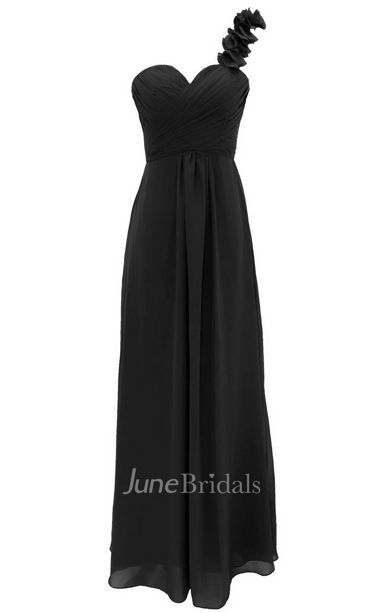 One-shoulder Chiffon Dress With Floral Strap
