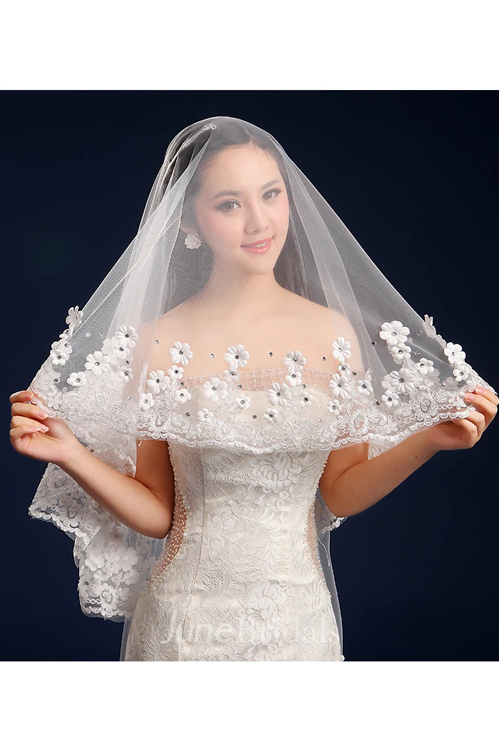 Long Tail Wedding Veil with Flowers Beading and Lace Edge
