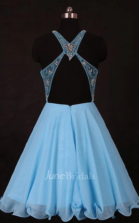 Mini Sleevelss Chiffon Dress With Beading And Keyhole Back