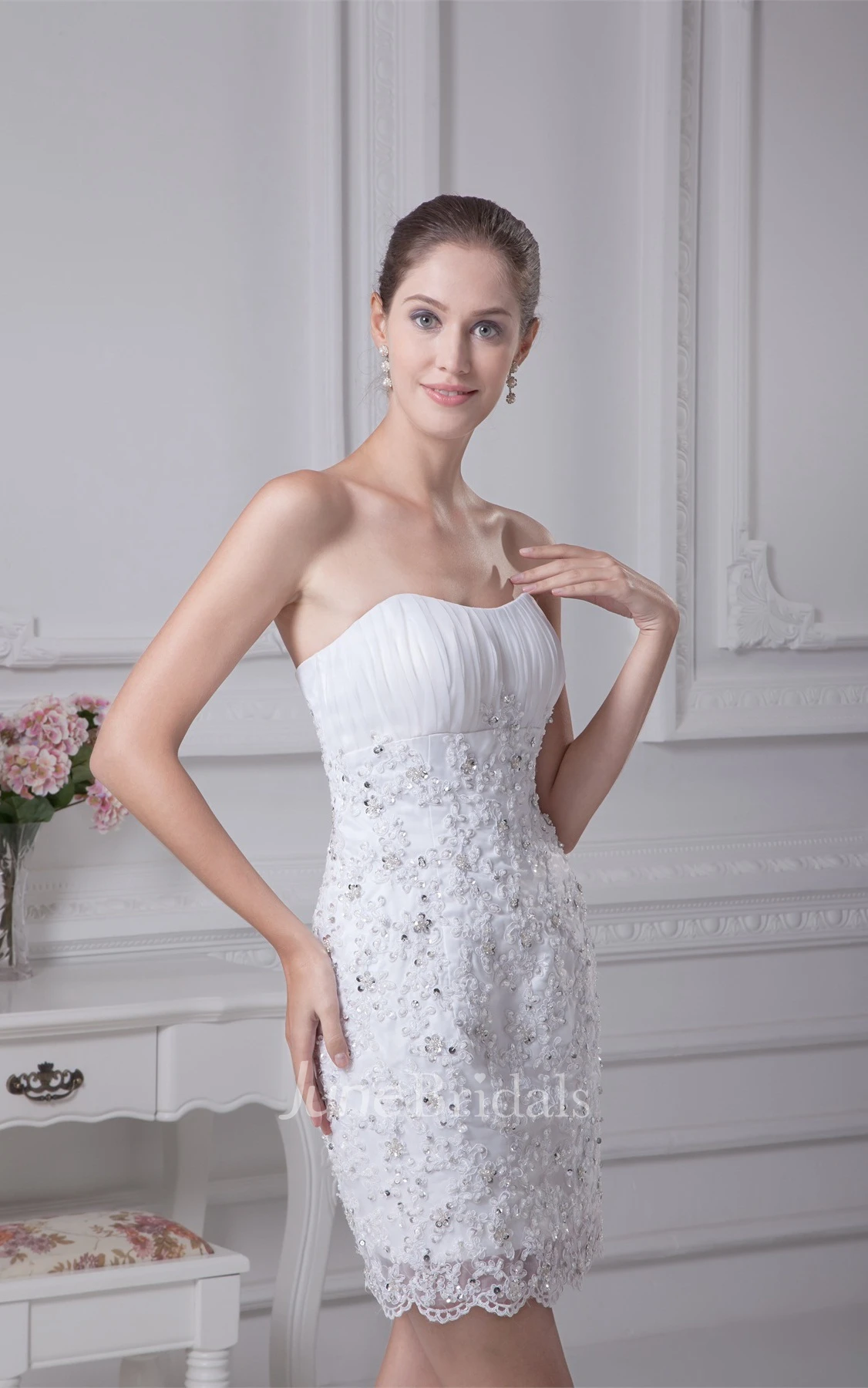 Strapless Ruched Body-Fitting Dress with Beading and Appliques