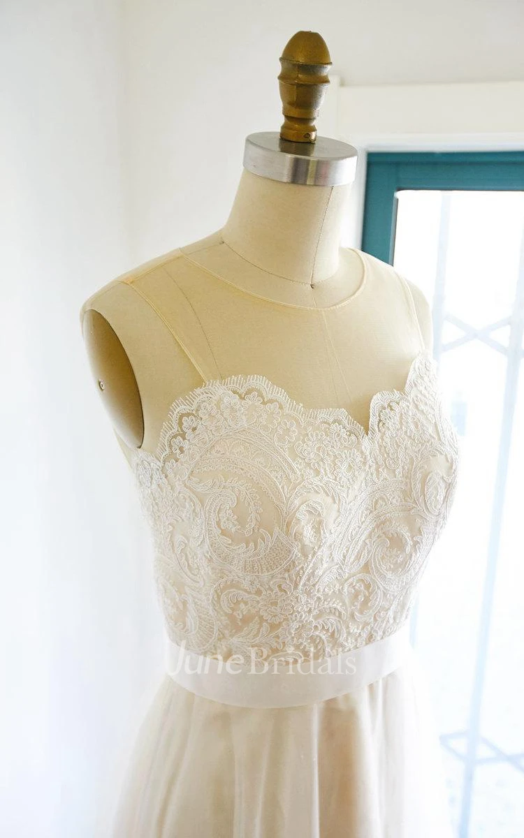 Tulle Lace Satin Weddig Dress With Illusion