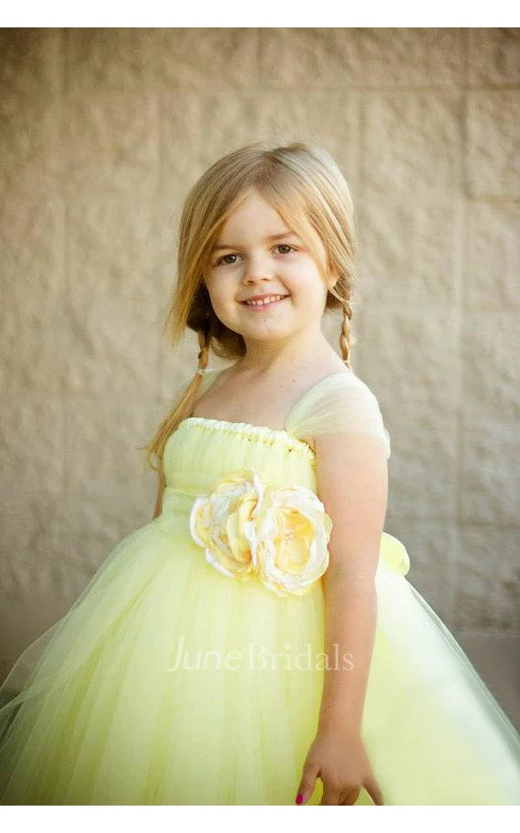 Sweet Cap Sleeve Pleated Tulle Ball Gown With Flowers Belt