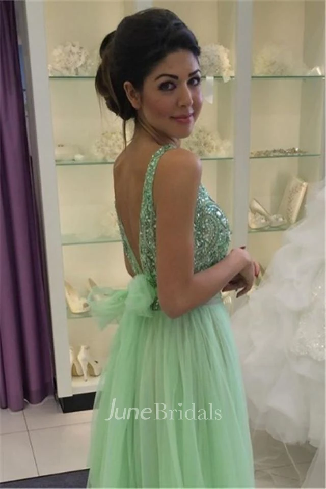 Delicate Crystals Tulle Prom Dress Bowknot A-line
