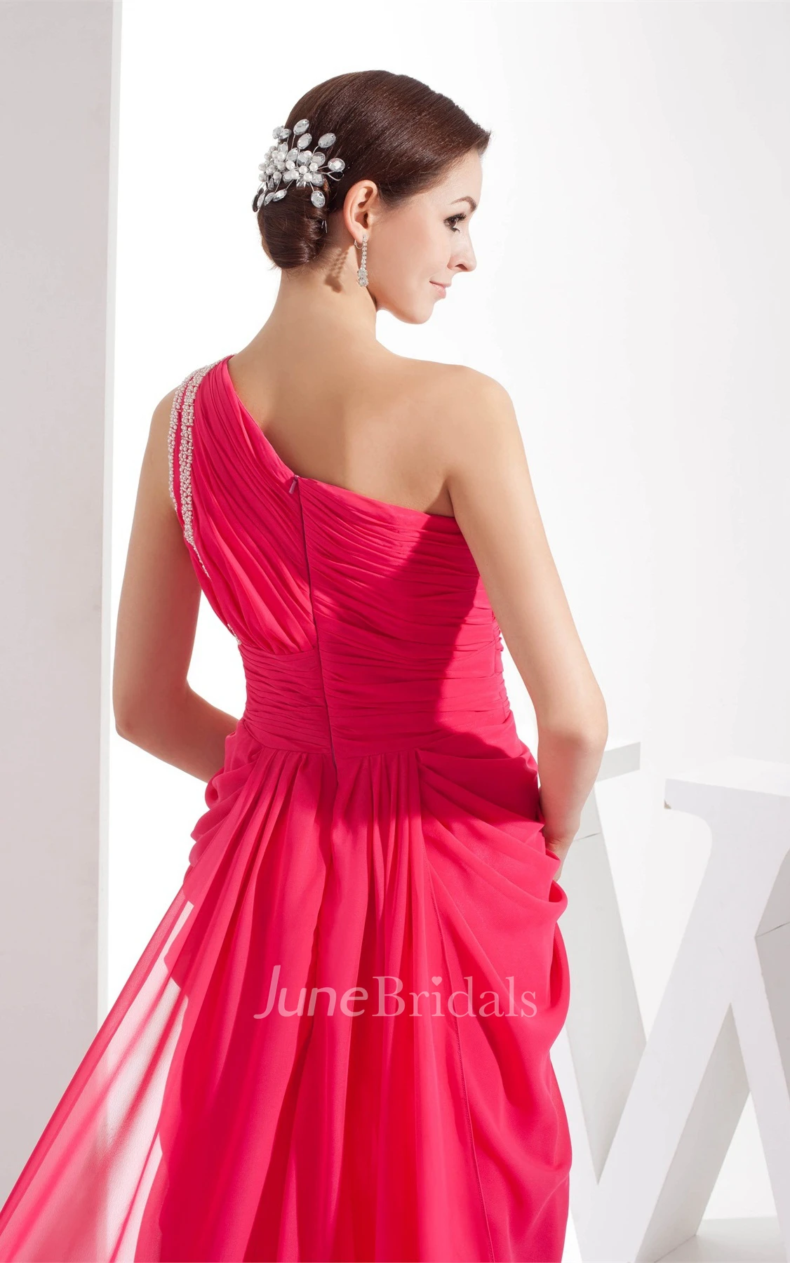 One-Shoulder Chiffon Beaded Dress with Central Ruching and Brush Train