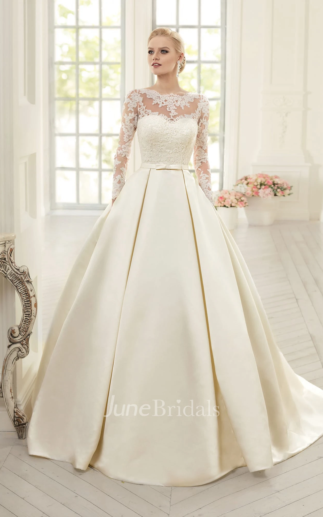 Ball Gown Floor-Length Jewel Long-Sleeve Corset-Back Satin Ball Gown Floor-Length Jewel Long-Sleeve Corset-Back Satin