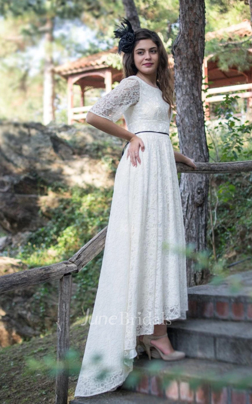 Tea-Length Scoop Neck Lace Dress With Low-V Back