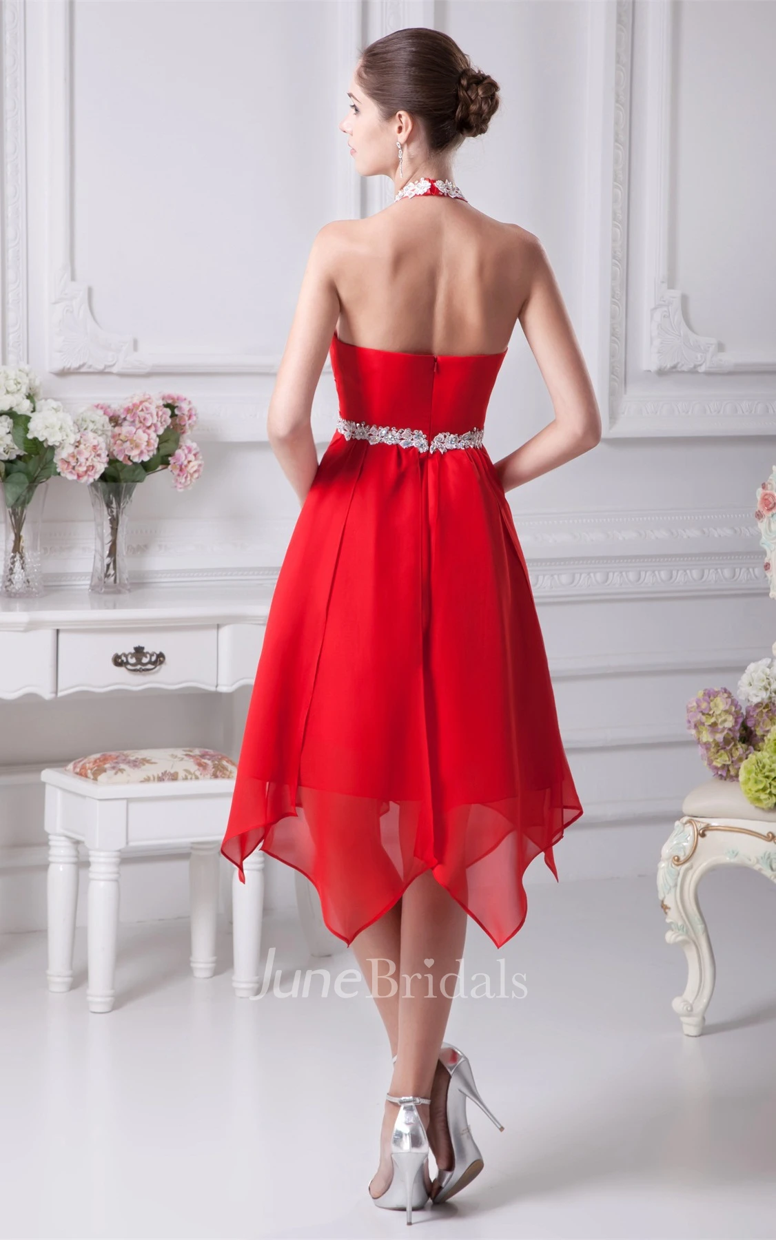 Sweetheart Empire Chiffon Midi Dress with Gemmed Halter