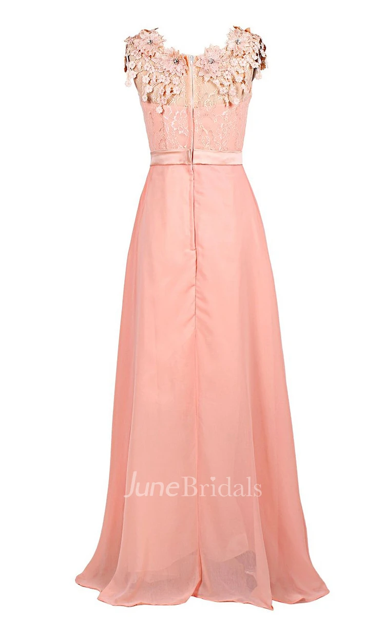 Cap-sleeve Lace Appliqued A-line Gown With Beaded Band