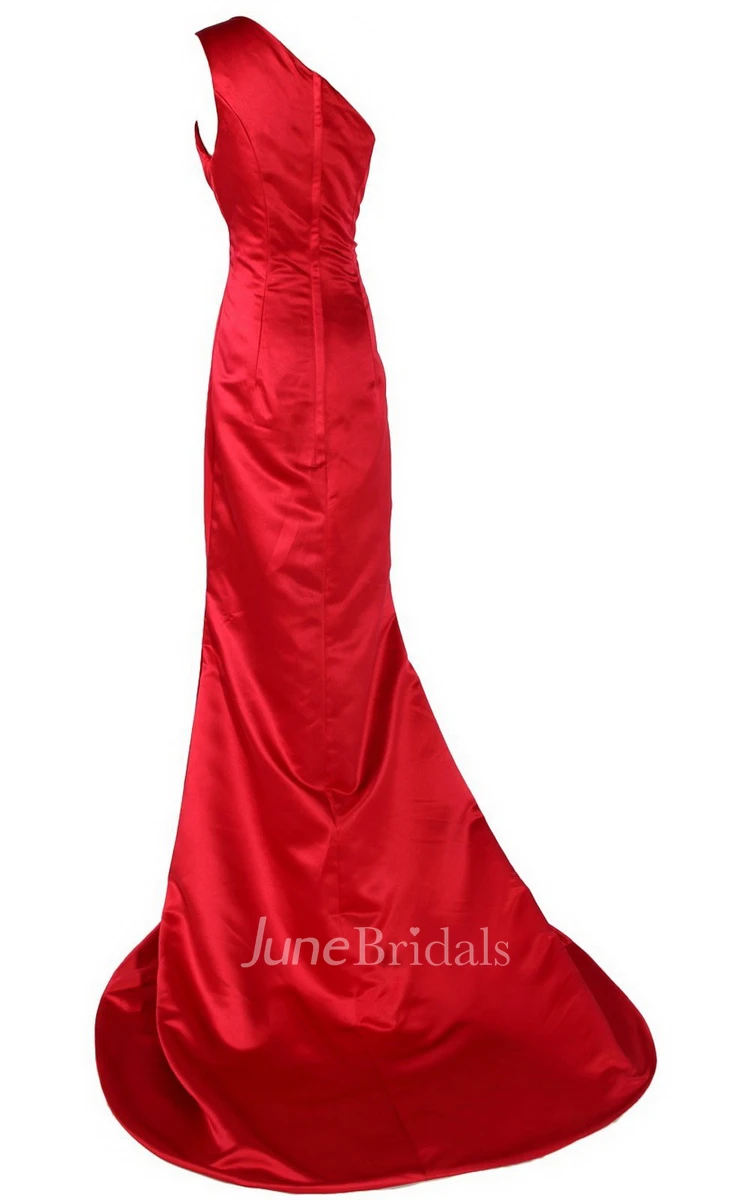 One-shoulder Long Satin Dress With Beaded Neckline