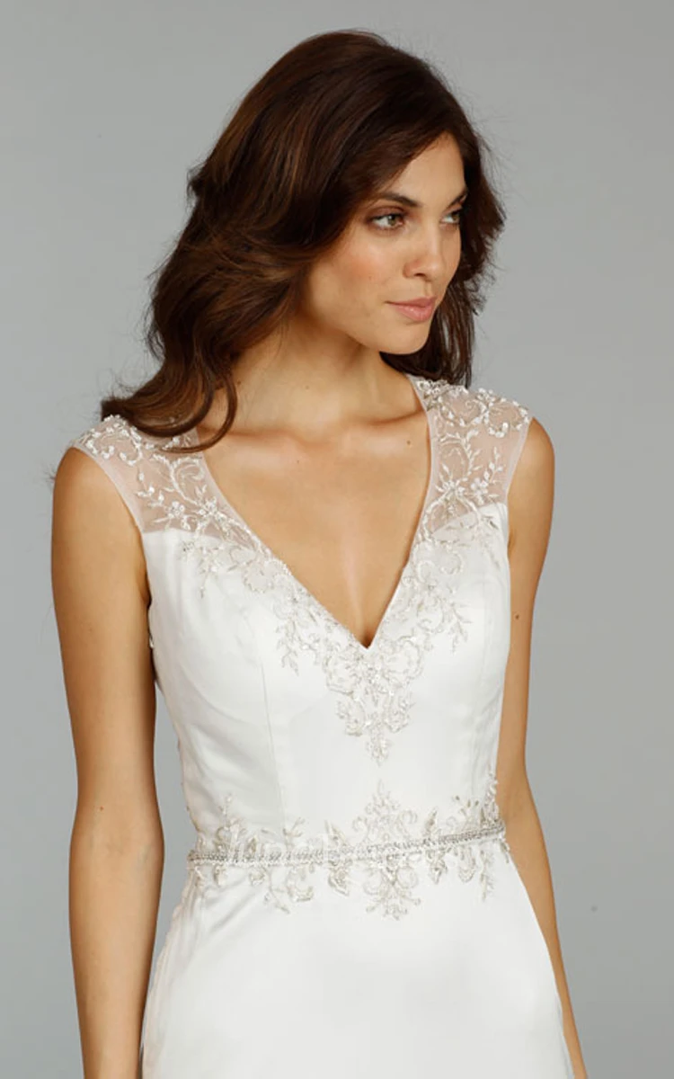 Shimmering Cap Sleeve Charmeuse Dress With Beaded Embroidered Sheer Back