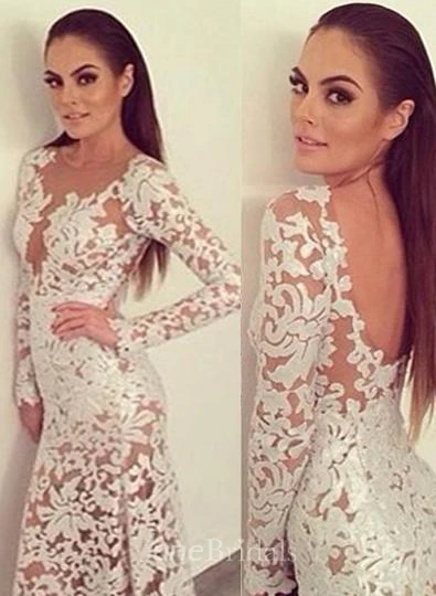 Sexy Lace Long Prom Dress Sleeve Sheath See Through Evening Party Gowns