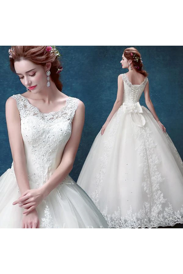 Elegant Scoop Sleeveless Lace Wedding Dresses Ball Gown Lace-up