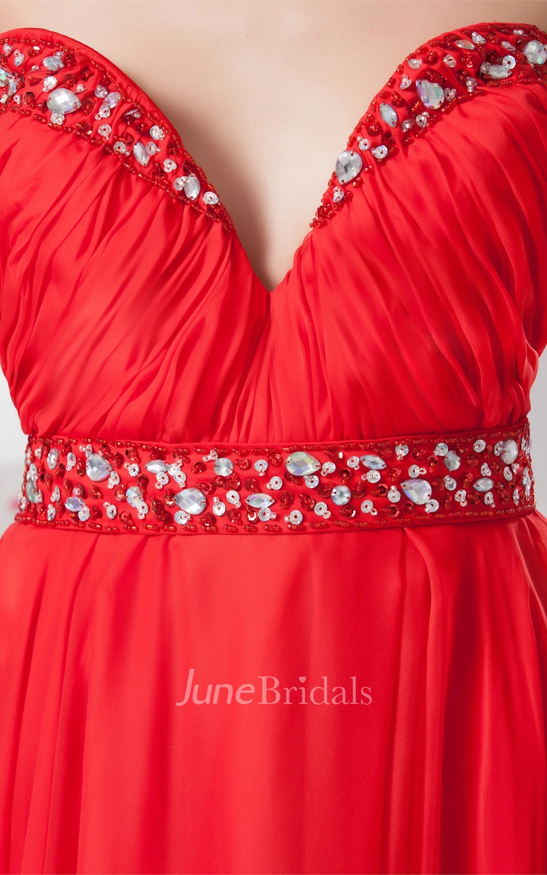 Chiffon Plunged Maxi Gown with Beading and Pleats