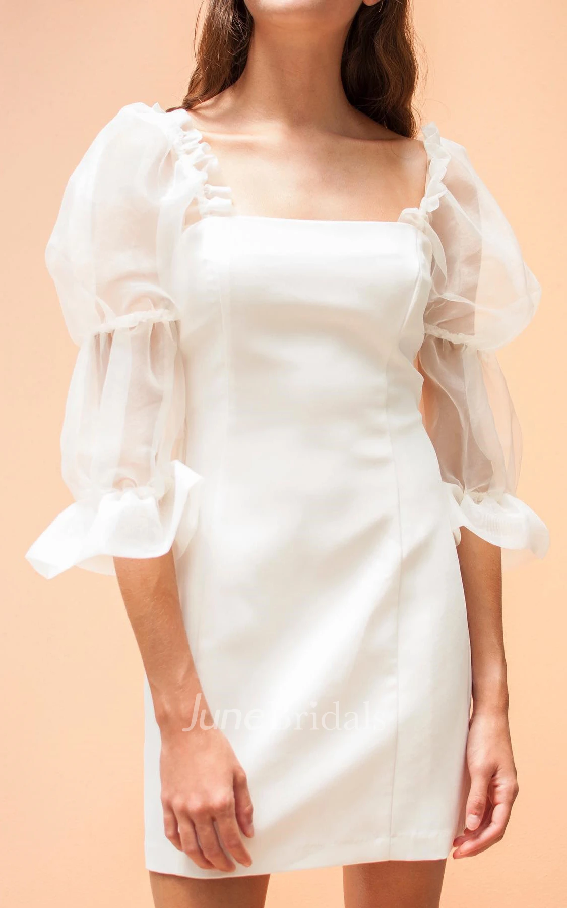 Square Neckline Pencil Satin Short Homecoming Dress With Puff Half Sleeve