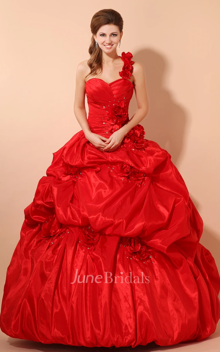 Flamboyant A-Line Sweetheart Sleeveless Ball Gown With Pick-Up Ruffles And Flower
