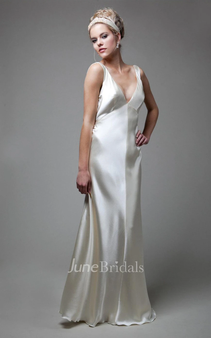 V-Neck Empire Sleeveless Deep-V Back Sheath Long Satin Wedding Dress